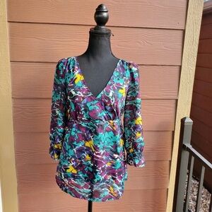 LOFT V-Neck Watercolor Print Empire Waist 3/4 Sleeves Polyester Blouse Size Med